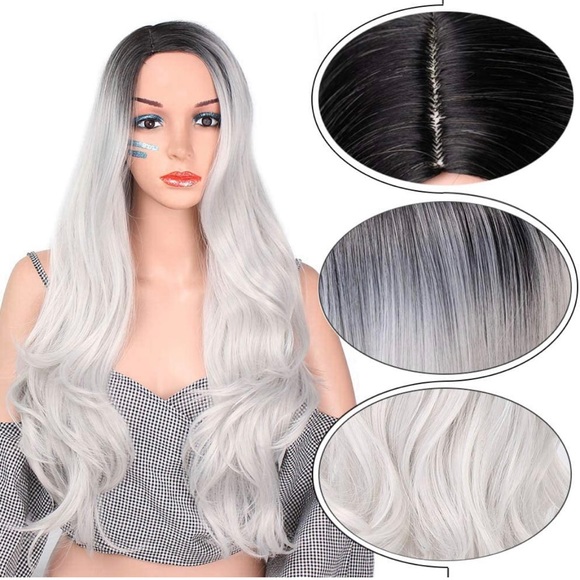 Ombré Silver Grey & White 22” Curly Wig - Picture 3 of 15